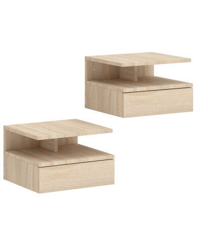  Set di 2 Comodini Sospesi con Cassetto e Mensola Aperta, 35x32x22.5 cm, Rovere