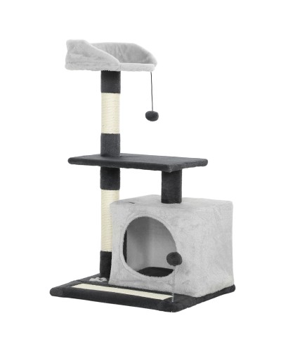  Albero Tiragraffi per Gatti Alto 85 cm con Casetta, Lettino, Pali e Tappetino Tiragraffi, Grigio