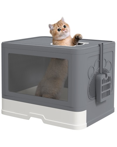  Lettiera per Gatti Chiusa con Coperchio e Doppia Entrata, Cassetto Estraibile, Paletta e Spazzola, Grigio