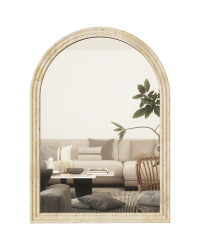  Specchio da Parete ad Arco con Bordo Scanalato e Ganci, in Vetro e Polistirene, 60x2x90 cm, Beige