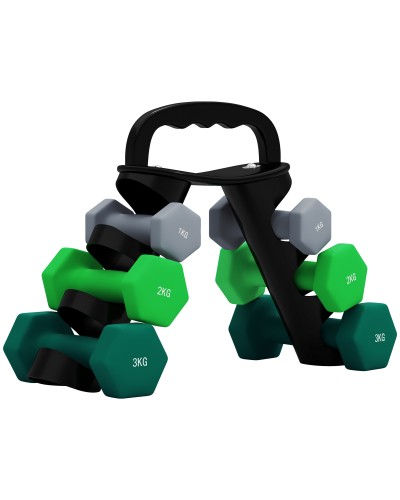  Set 6 Manubri Pesi (2x1 kg, 2x2 kg, 2x3 kg) da 12 kg con Supporto/Kettlebell, in Metallo e Plastica Multicolore