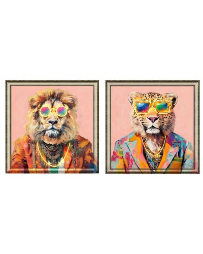 Quadro Home ESPRIT Azzurro Arancio Rosa chiaro Leopardo Leone Moderno 84 x 4 x 84 cm (2 Unità)