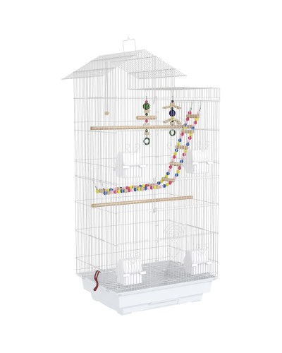  Gabbia per Uccelli, Voliera con Maniglia e Porte, Gabbietta con Altalena, Ciotole e Giochi, 46x36x100 cm, Bianco