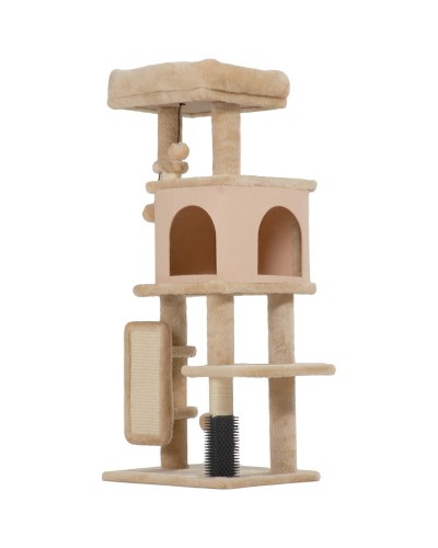  Albero per Gatti Multilivello Alto 104 cm con Casetta, Lettino, Pali Tiragraffi, Spazzola e Pallina, Beige