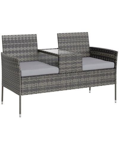  Panchina da Esterno 2 Posti con Tavolino da Caff?, in Acciaio e Rattan PE, 137x59x82 cm, Grigio