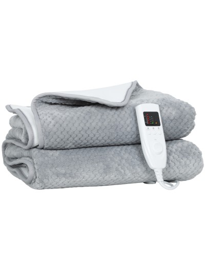  Coperta Elettrica 160x140 cm con 5 Livelli di Calore e 2 Telecomandi, in Pile e Poliestere Grigio