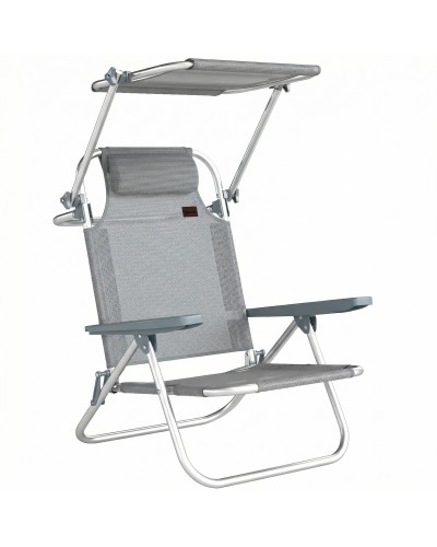  Sedia a Sdraio Reclinabile a 6 Livelli con Tettuccio Regolabile e Poggiatesta, in Alluminio e Rete, 62x68x79, Grigio