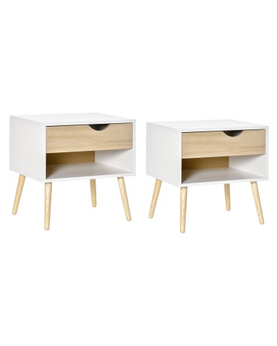  Set di 2 Comodini Moderni con Cassetto e Mensola, Base Rialzata e Gambe in Legno, 50x39x51cm, Bianco e Rovere