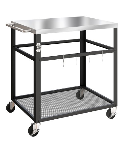  Carrello per Barbecue con Piano in Acciaio Inox, 4 Ganci a S, Maniglia e Apribottiglie, 82x55x79 cm, Nero
