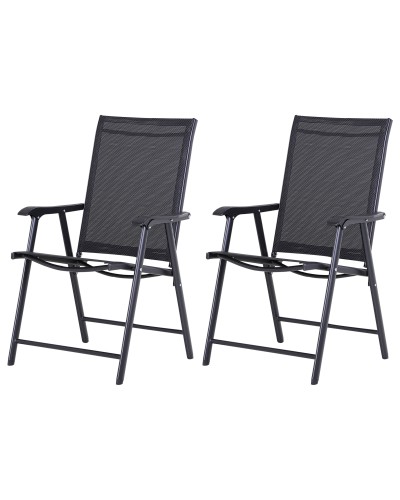  Set 2 Sedie da Giardino Pieghevoli con Braccioli in Metallo e Texteline, 58x64x94cm, Nero
