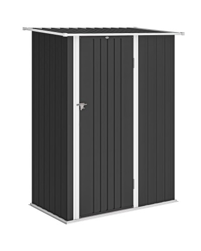  Capanno Porta Attrezzi in Metallo con Tetto Inclinato e Porta Bloccabile, 142x86x189 cm, Grigio Scuro