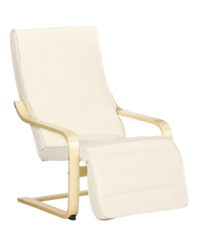  Poltrona Relax con Poggiapiedi a 5 Livelli e Poggiatesta, Legno di Betulla e Tessuto, 66,5x94x100 cm, Crema