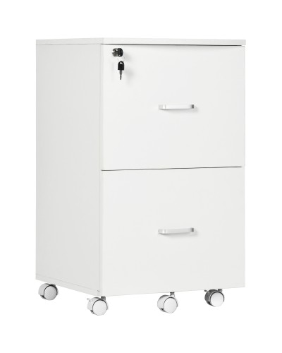 Armadietto da Ufficio con 2 Cassetti e 5 Ruote, Schedario in MDF e Truciolato, 43x45x72 cm, Bianco
