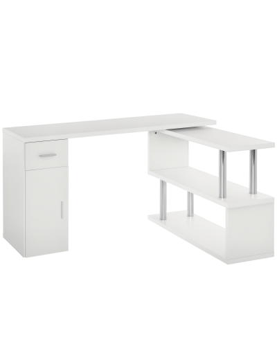  Scrivania Angolare Moderna in Legno con Cassetto, Armadietto e Mensole, Arredamento per Ufficio e Casa, Bianco