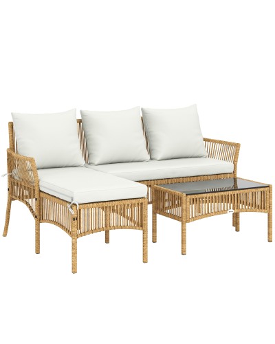  Set da Giardino 3 Pezzi con Divanetto, Chaise Longue e Tavolino da Caff?, in Acciaio e Rattan PE, Crema