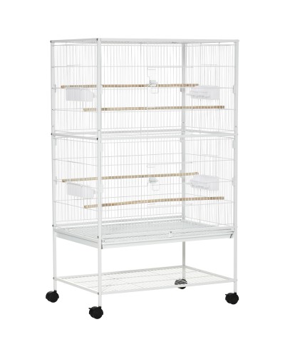  Gabbia per Uccelli da Interni con Vassoio Estraibile, 4 Ruote e Trespolo, 78x52x132 cm, Bianco