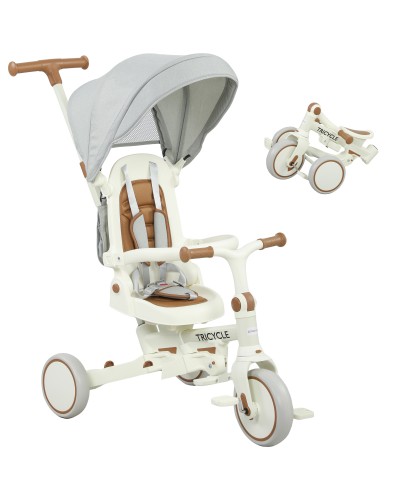  Triciclo per Bambini 5 in 1 con Maniglione di Spinta e Copertura Rimovibile, 96.5x49x101 cm, Bianco Crema