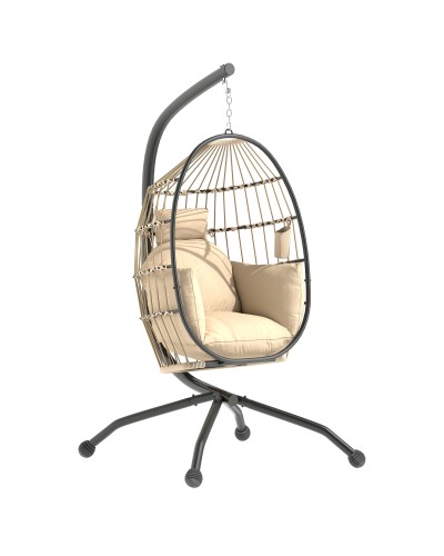  Poltrona Sospesa a Uovo con Gancio Regolabile, 2 Cuscini e Cesto Pieghevole, 120x88x192 cm, Cachi