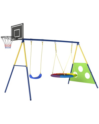  Set Altalena da Giardino 4 in 1 per Bambini 3-8 Anni con 2 Altalene, Canestro e Porta da Calcio