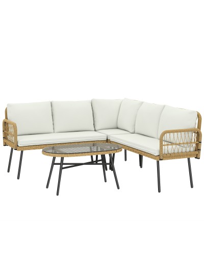  Salotto da Giardino 4pz con 2 Divani 2 Posti, Angolo e Tavolino da Caff?, in Acciaio e Rattan, Legno e Crema