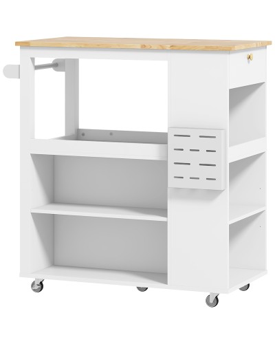  Carrello Isola da Cucina con Ripiani Regolabili, Portacoltelli e Piano in Legno, 86.5x47x88 cm, Bianco
