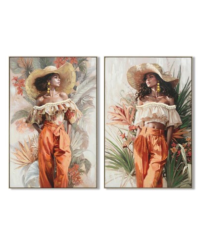 Cadre Home ESPRIT Vert Orange Chapeau Tropical 82 x 4 x 122 cm (2 Unités)