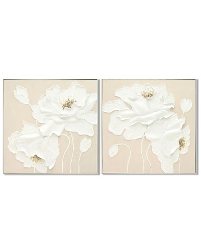 Cuadro Home ESPRIT Blanco Beige Flor Shabby Chic 82 x 5 x 82 cm (2 Unidades)