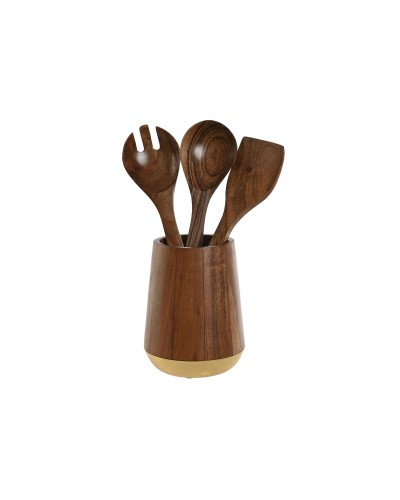 Bote para Utensilios de Cocina Home ESPRIT Acero Inoxidable Acacia 13 x 13 x 16,5 cm 4 Piezas