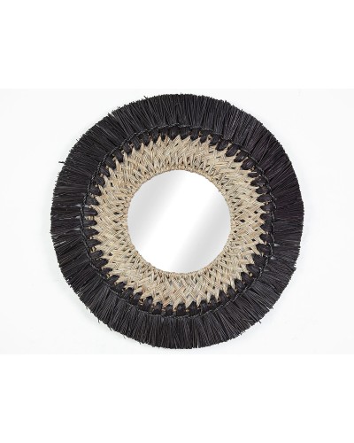 Wall mirror Romimex Black Natural Natural Fibre Window 70 x 70 x 3 cm Circular