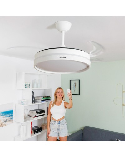 Kattotuuletin LED-valaisimella ja 4 taitettavilla siivekkeillä Keteez InnovaGoods Valkoinen 72 W Ø49-104 cm