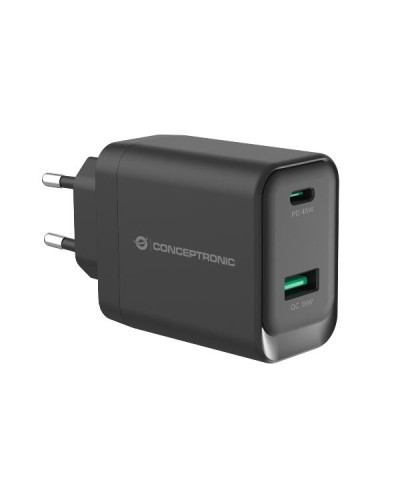 CARICATORE PD USB 2-PORTE 45W GaN, 1x USB-C, 1x USB-A, QC 3.0, PPS, PD 3.0