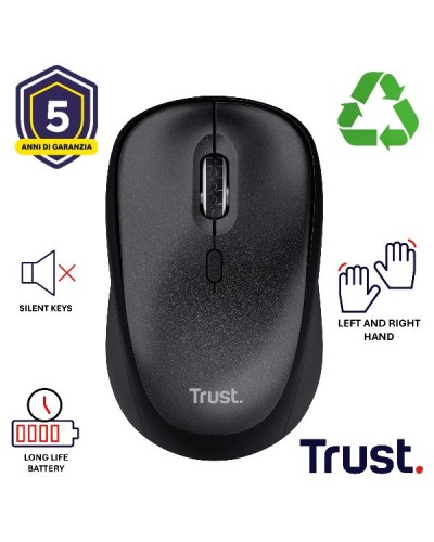 MOUSE WIRELESS SILENZIOSO - 1600DPI - PLASTICA RICICLATA 83% - DURATA BATTERIA 12 MESI - TRUST B2B TM-201 - NERO