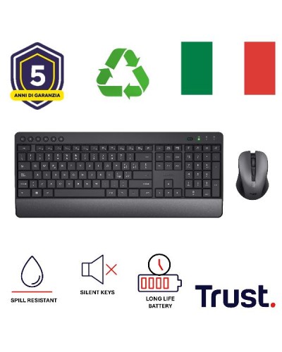 KIT DESK SET TASTIERA E MOUSE WIRELESS SUPER SILENZIOSI - LAYOUT ITALIANO - PLASTICA RICICLATA 85% - LUNGA DURATA BATTERIE (4 A