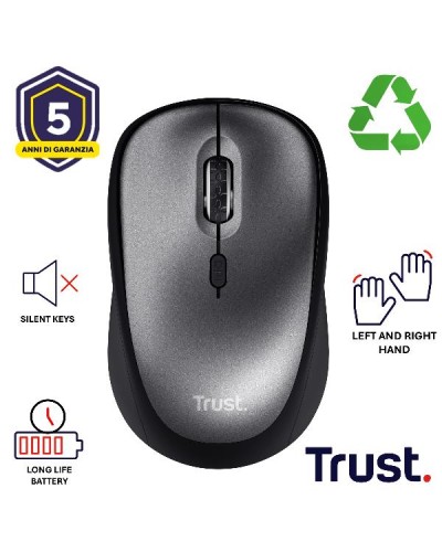 MOUSE WIRELESS SILENZIOSO - 1600DPI - PLASTICA RICICLATA 83% - DURATA BATTERIA 12 MESI - TRUST YVI+ NERO