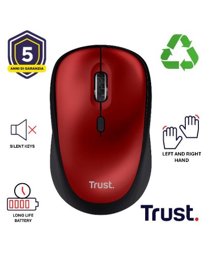 MOUSE WIRELESS SILENZIOSO - 1600DPI - PLASTICA RICICLATA 83% - DURATA BATTERIA 12 MESI - TRUST YVI+ ROSSO