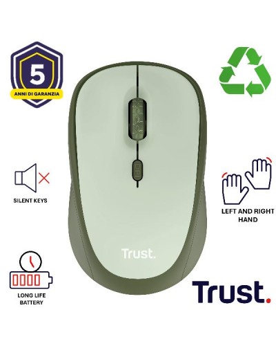 MOUSE WIRELESS SILENZIOSO - 1600DPI - PLASTICA RICICLATA 83% - DURATA BATTERIA 12 MESI - TRUST YVI+ VERDE