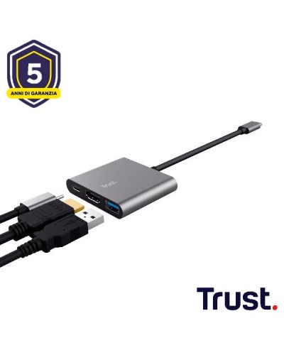 ADATTATORE DOCKING STATION MULTIPORT, 1 HDMI 4K, 1 USB-C PD, 1 USB-A 3.2 - TRUST DALYX 3-IN-1 - ALLUMINIO