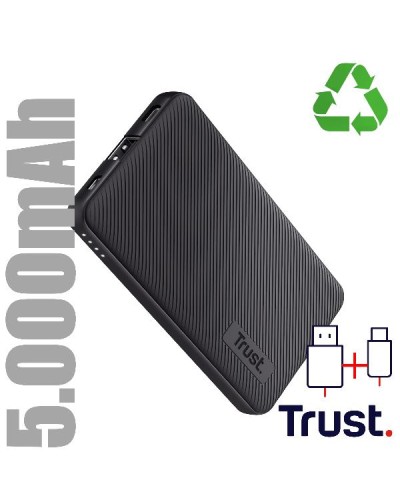 POWER BANK 5.000MAH - 1 USB-A 12W + 1 MICRO-USB + 1USB-C 15W - PLASTICA RICICLATA 50% - TRUST PRIMO POWERBANK - NERO