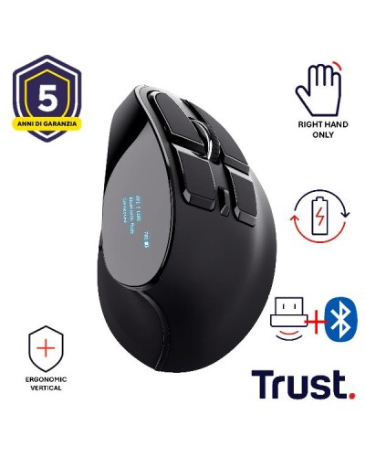 MOUSE ERGONOMICO VERTICALE WIRELESS RICARICABILE MULTICONNECT BT + WL 2,4GHZ CON DISPLAY - 9 PULSANTI PROGRAMMABILI - 2400DPI -