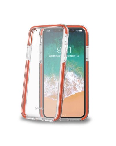 HEXAGON - Cover trasparente arancione semi rigida, ultra resistente in TPU + Policarbonato compatibile con Apple iPhone Xs/ iPh