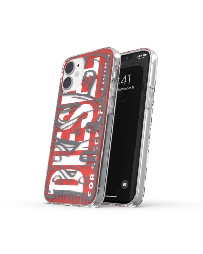 DIESEL - Cover semi-trasparente con scritta DIESEL colore rosso compatibile con Apple iPhone 12 Mini