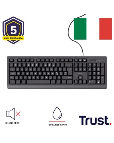 TASTIERA CABLATA 180CM RESISTENTE AGLI SVERSAMENTI - TASTI SILENZIOSI - LAYOUT ITALIANO - TRUST B2B TK-150 - NERO
