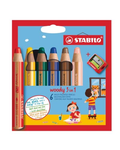 PASTELLI WOODY 3 IN 1 - Astuccio 6 pezzi + temperino