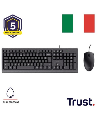 KIT DESK SET TASTIERA E MOUSE CABLATI RESISTENTI AGLI SVERSAMENTI- LAYOUT ITALIANO - TRUST PRIMO - NERO