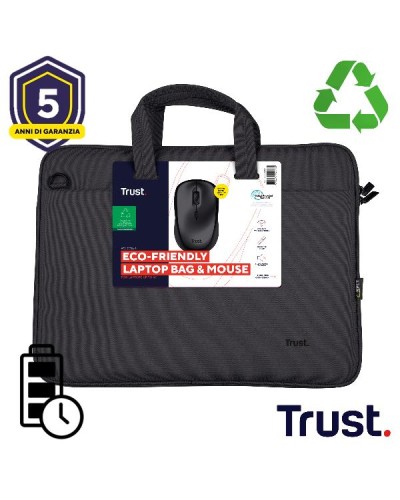 SET BORSA LAPTOP FINO A 16" + MOUSE WIRELESS REALIZZATI CON MATERIALE RICICLATO - TRUST BOLOGNA NERO