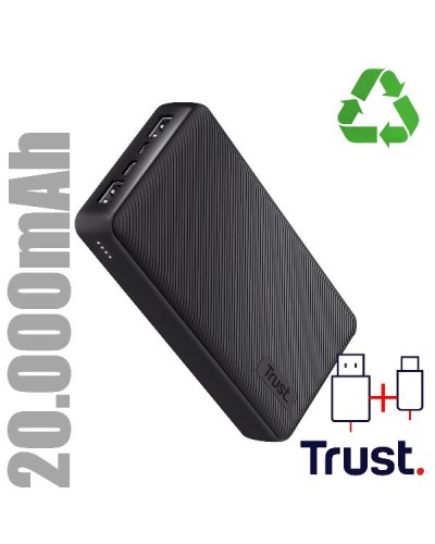 POWER BANK 20.000MAH - 2 USB-A 12W + 1 MICRO-USB + 1USB-C 15W - PLASTICA RICICLATA 50% - TRUST PRIMO POWERBANK - NERO