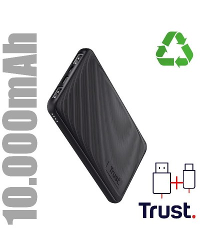 POWER BANK 10.000MAH - 2 USB-A 12W + 1 MICRO-USB + 1USB-C 15W - PLASTICA RICICLATA 50% - TRUST PRIMO POWERBANK - NERO