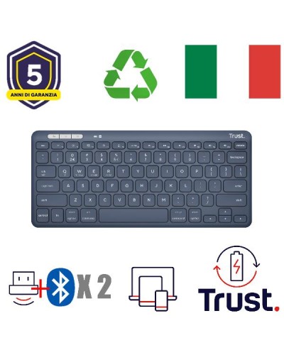 TASTIERA WIRELESS RICARICABILE MULTICONNECT 2 BT + 1 WL 2,4GHZ - PLASTICA RICICLATA 52% - LAYOUT ITALIANO - TRUST LYRA - BLU