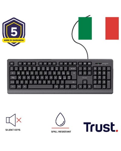 TASTIERA CABLATA 180CM RESISTENTE AGLI SVERSAMENTI - TASTI SILENZIOSI - LAYOUT ITALIANO - TRUST PRIMO - NERO