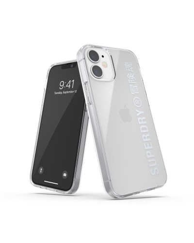 SUPERDRY - Cover trasparente con logo Superdry colore argento bordi rialzati compatibile con Apple iPhone 12 Mini